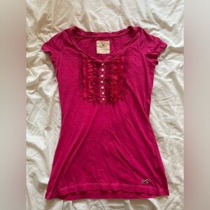 Vintage Y2K Hot Pink Hollister Henley Top with Ruffle accents
